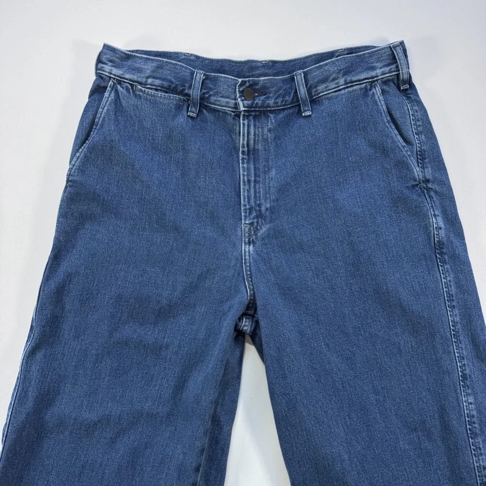 UNIQLO Wide Baggy Tapered Jeans Denim Unisex Large Slash Pockets Loose Blue